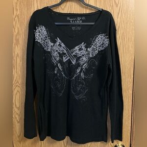 Cowgirl Tuff Black Long Sleeve V-neck Top rose/gun/angel wing‎ design XL